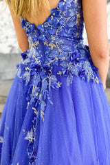 Periwinkle V-Neck Floral Embroidery A-Line Long Prom Dress