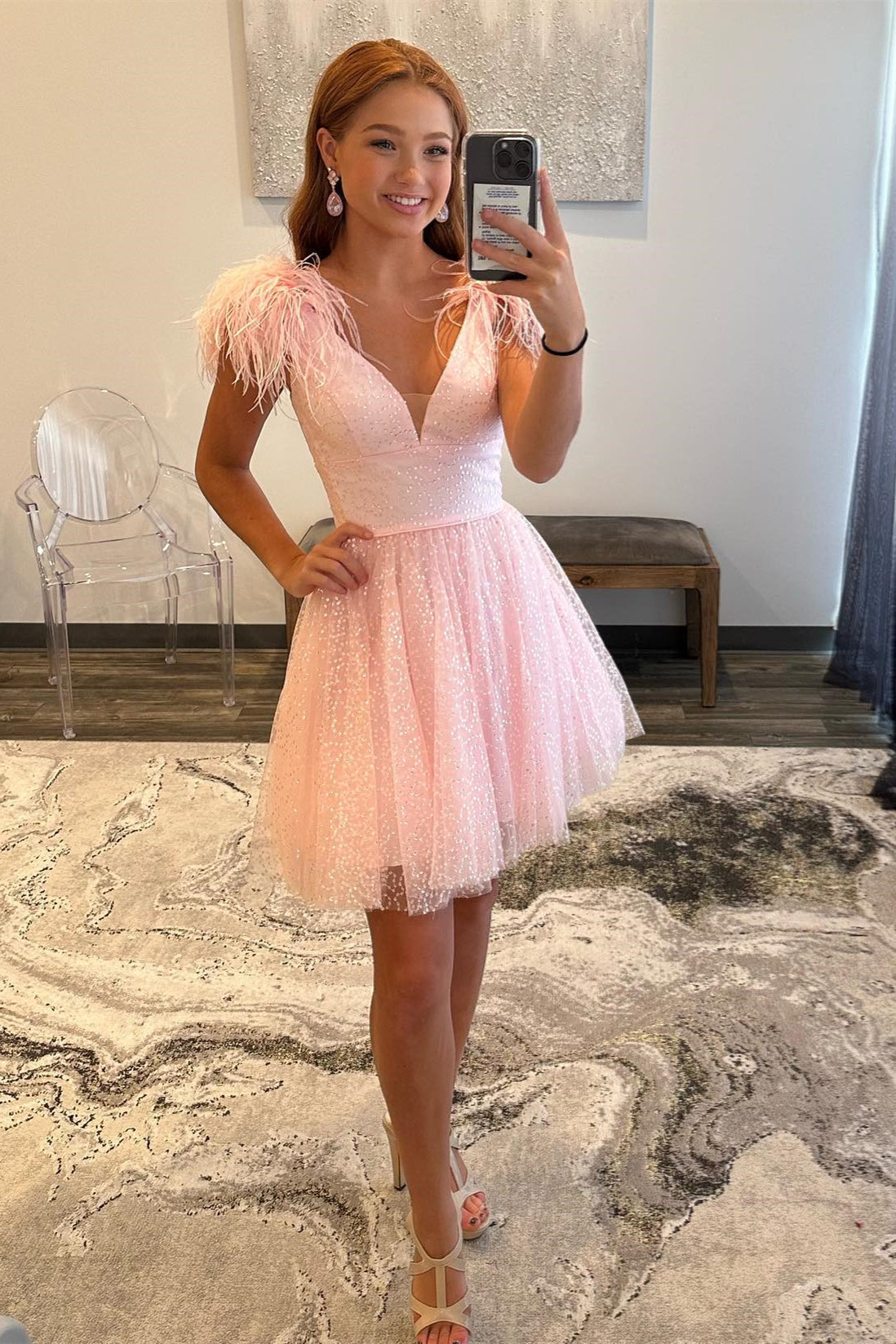 Pink A-line Tulle Deep V Neck Beaded Homecoming Dress with Feathers