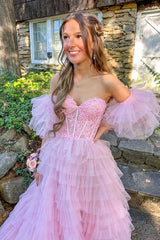 Pink Applique Layered Slit Prom Dress with Detachable Sleeves