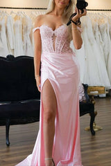 Pink Applique Slit Mermaid Prom Dress with Off Shoulder