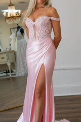 Pink Applique Slit Mermaid Prom Dress with Off Shoulder