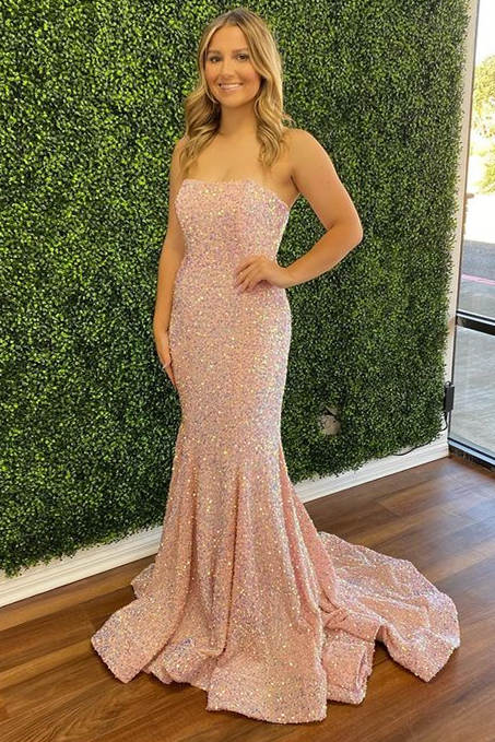 Pink Iridescent Sequin Strapless Mermaid Long Prom Dress