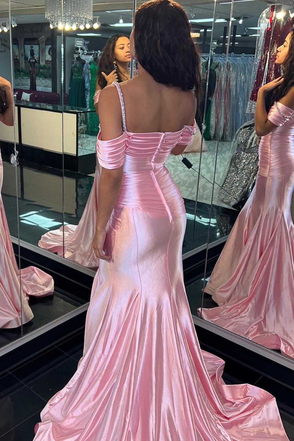 Pink Mermaid Off-the-Shoulder Beaded Pleated Long Prom Dress