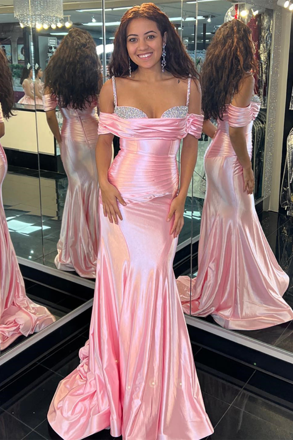 Pink Mermaid Off-the-Shoulder Beaded Pleated Long Prom Dress