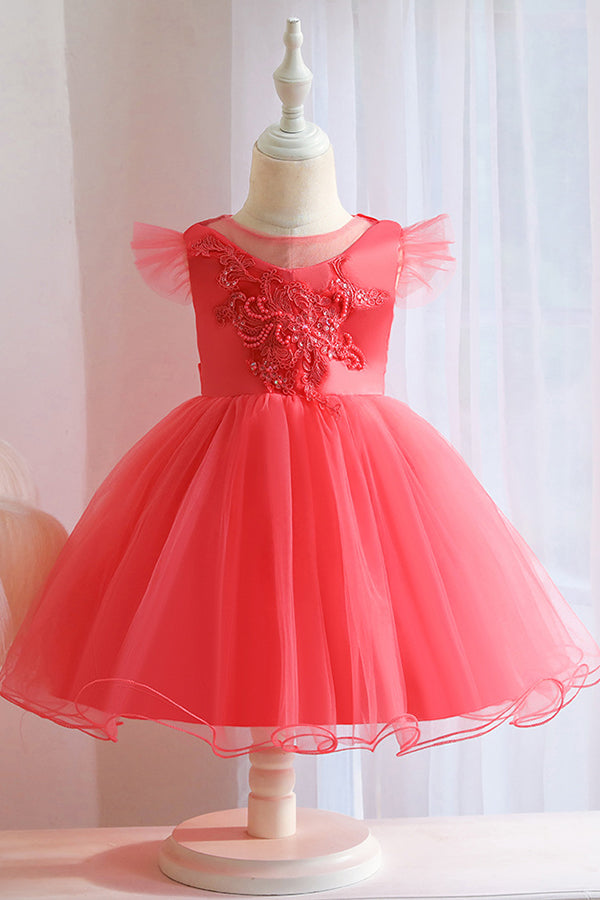 Pink Short Ball Gown Floral Appliques Tulle Flower Girl Dresses-27dress