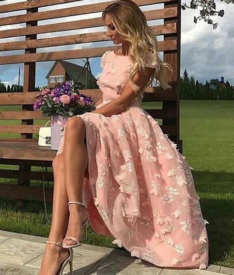 Pink Short Flowers Jewel A-Line Tea-length Prom Dresses-27Dress