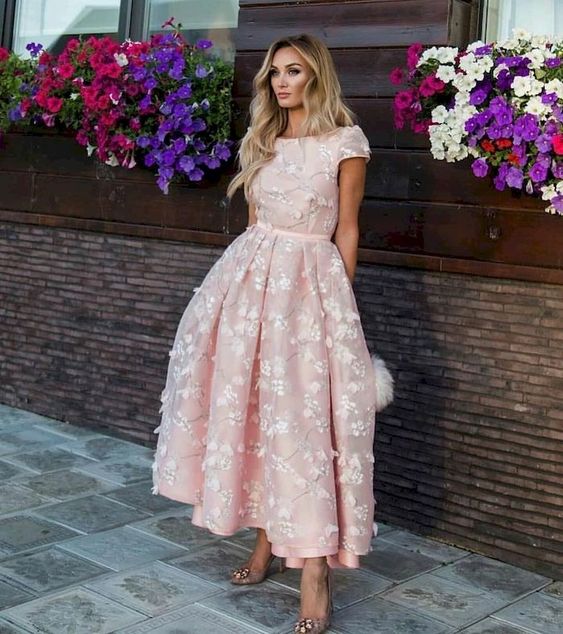 Pink Short Flowers Jewel A-Line Tea-length Prom Dresses-27Dress