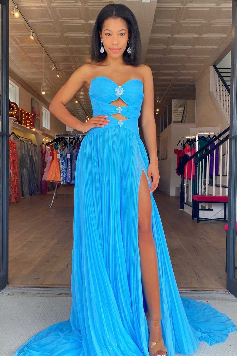 Pleated Blue Cut Out Beaded Chiffon Long Prom Dress