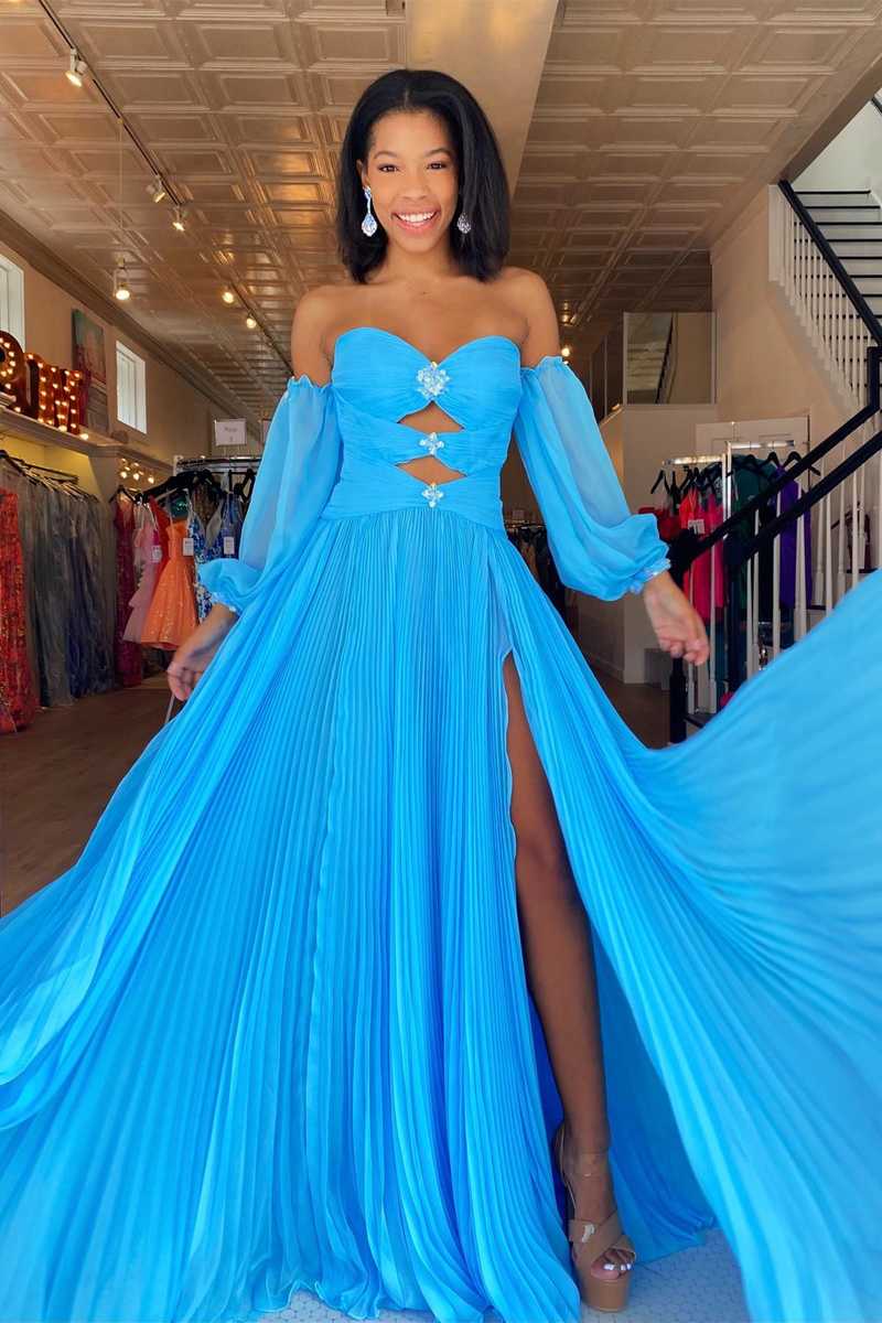 Pleated Blue Cut Out Beaded Chiffon Long Prom Dress