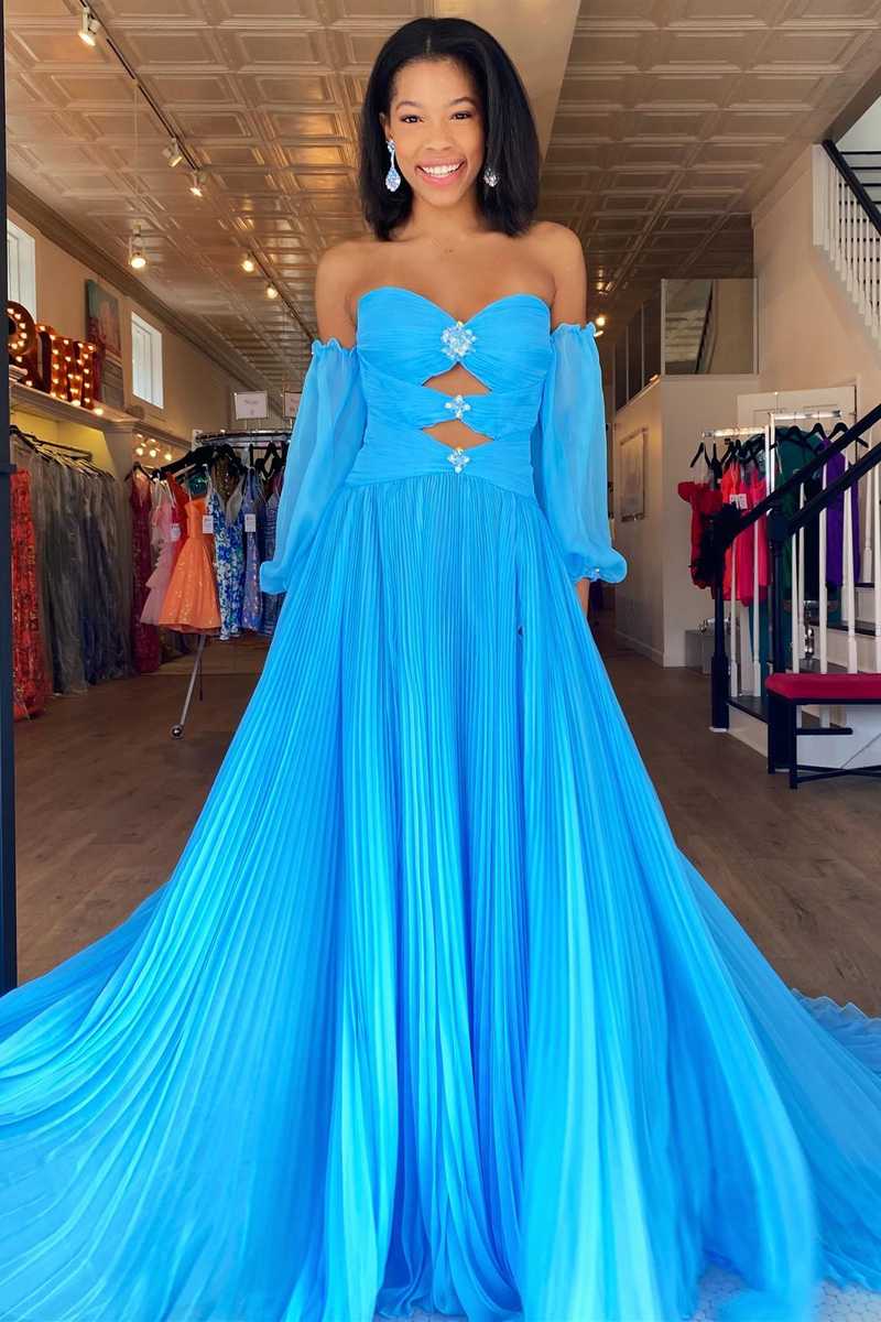 Pleated Blue Cut Out Beaded Chiffon Long Prom Dress