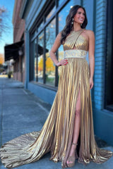 Pleated Criss Cross Straps Metallic Long Prom Dress