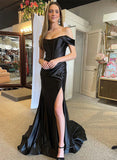 Pleated Split Front Sheath/Column Off-the-Shoulder Floor-Length Satin Prom Dress-27dress