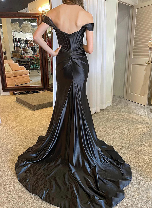 Pleated Split Front Sheath/Column Off-the-Shoulder Floor-Length Satin Prom Dress-27dress