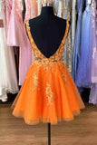 Plunging Neck A-Line Orange Appliques Short Open Back Party Dress-27dress