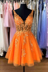 Plunging Neck A-Line Orange Appliques Short Open Back Party Dress-27dress