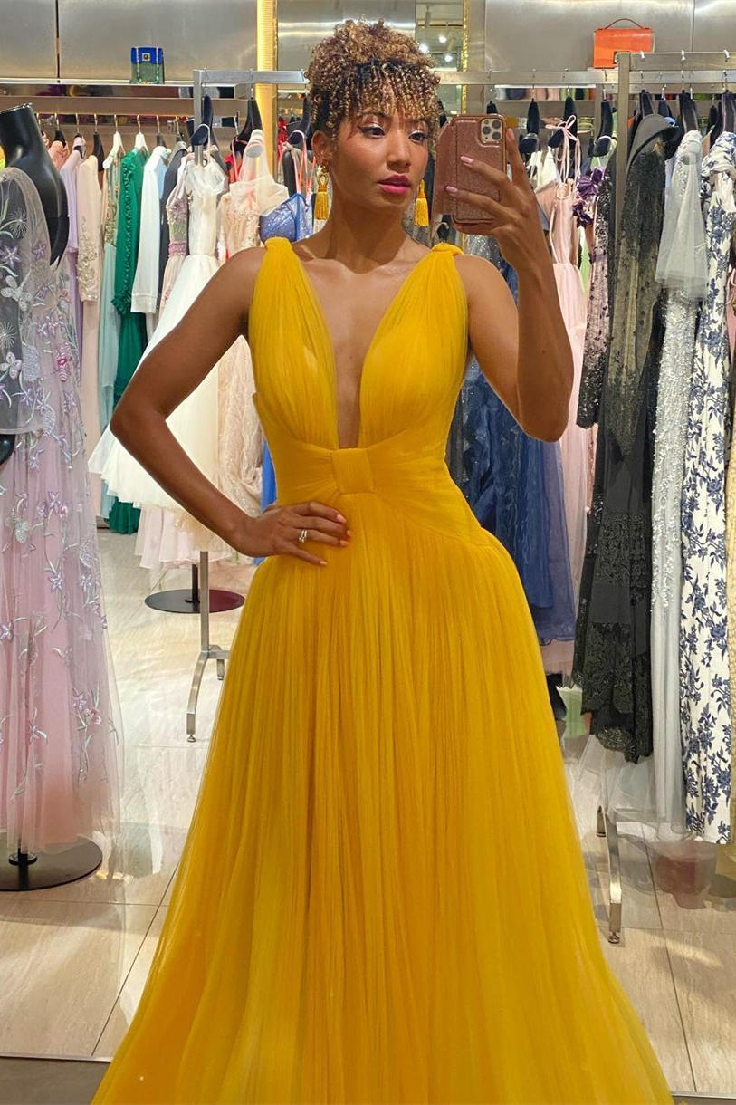 Plunging Neck A-Line Yellow Tulle Sleeveless Long Prom Dress-27dress