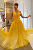 Plunging Neck A-Line Yellow Tulle Sleeveless Long Prom Dress-27dress