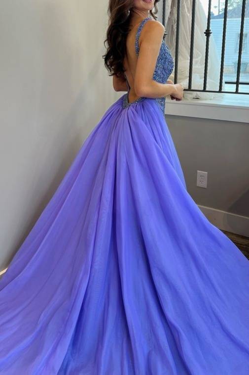 Plunging Neck Applique Prom Dress with Train