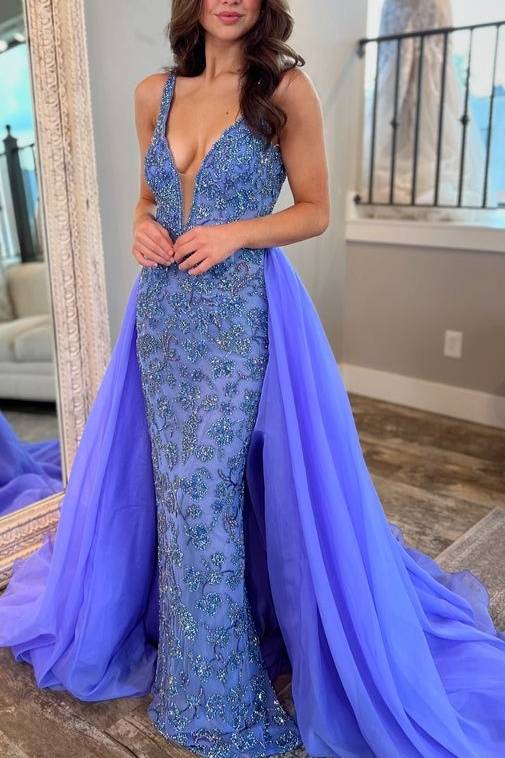 Plunging Neck Applique Prom Dress with Train