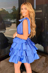 Plunging Neck Blue Bow Sleeves Tiered Short Homecoming Dress-27dress