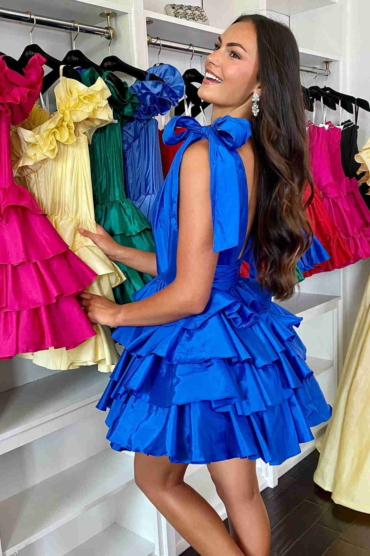 Plunging Neck Blue Bow Sleeves Tiered Short Homecoming Dress-27dress