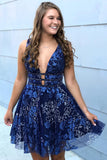 Plunging Neck Embroidery Navy Blue Mini Sleeveless Homecoming Dress-27dress