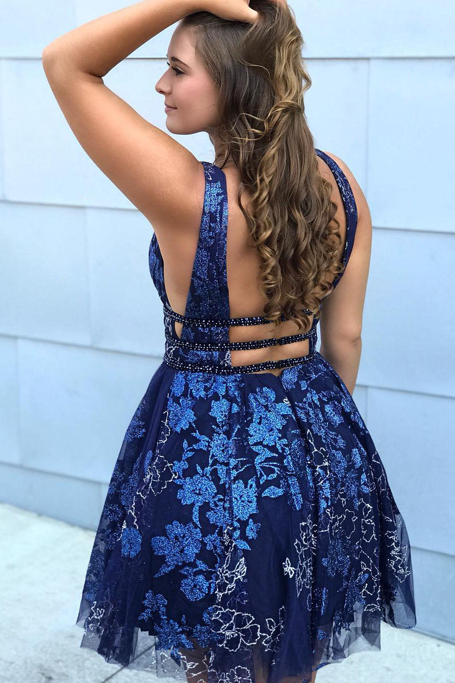 Plunging Neck Embroidery Navy Blue Mini Sleeveless Homecoming Dress-27dress