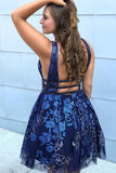 Plunging Neck Embroidery Navy Blue Mini Sleeveless Homecoming Dress-27dress