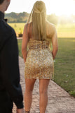 Plunging Neck Gold Sequins Mini Homecoming Dress with Fringes