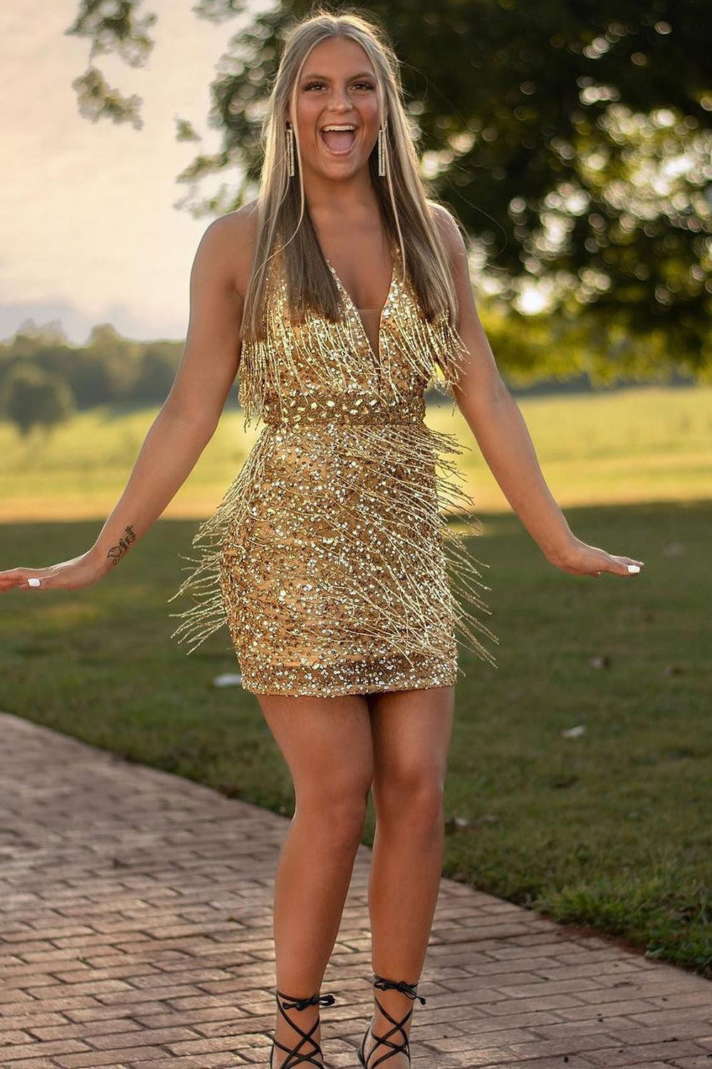 Plunging Neck Gold Sequins Mini Homecoming Dress with Tassels-27dress