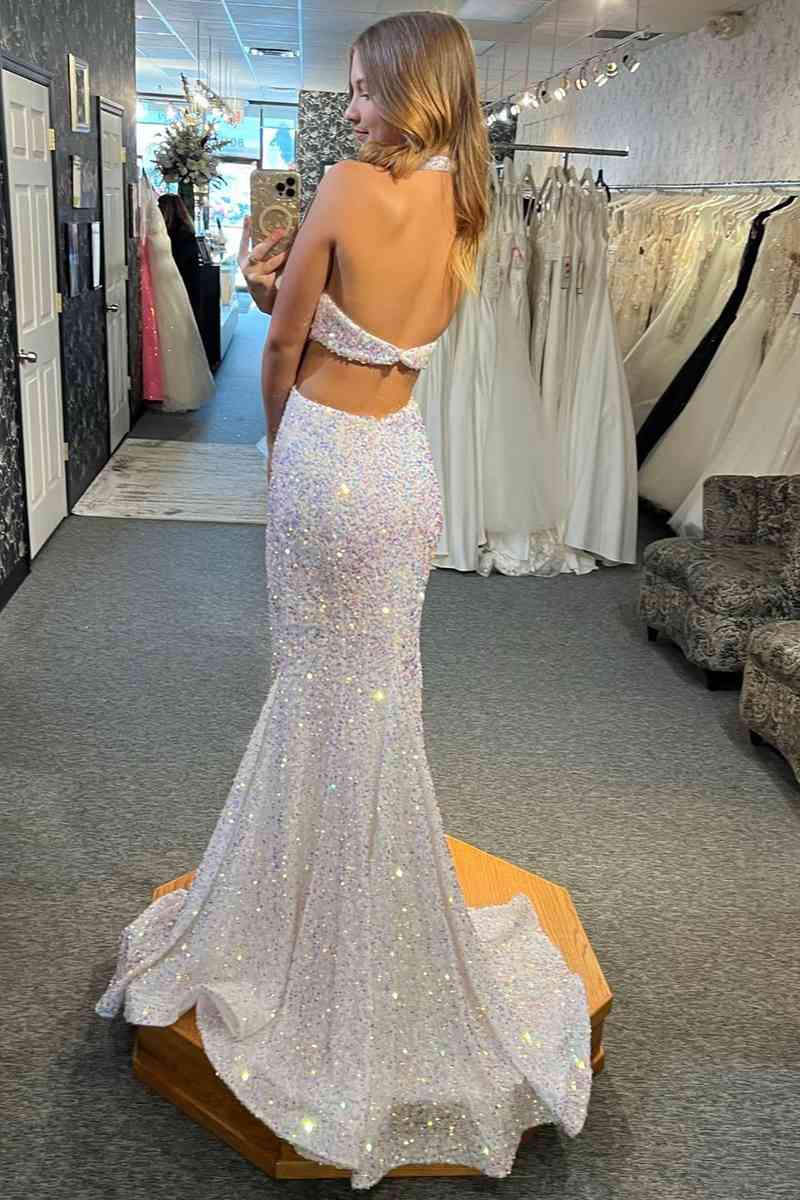 Plunging Neck Halter White Long Prom Dress with Cutout Waist