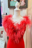 Plunging Neck Red Feather Open Back Formal Dress with Slit-27dress