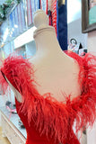 Plunging Neck Red Feather Formal Dress with Slit-27dress