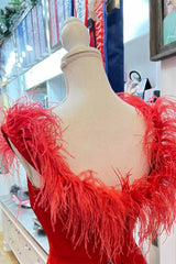 Plunging Neck Red Feather Formal Dress with Slit-27dress