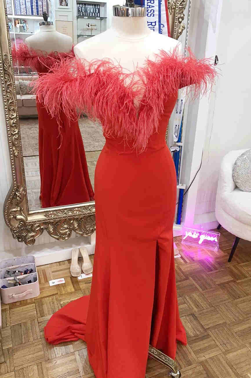 Plunging Neck Red Feather Open Back Formal Dress with Slit-27dress