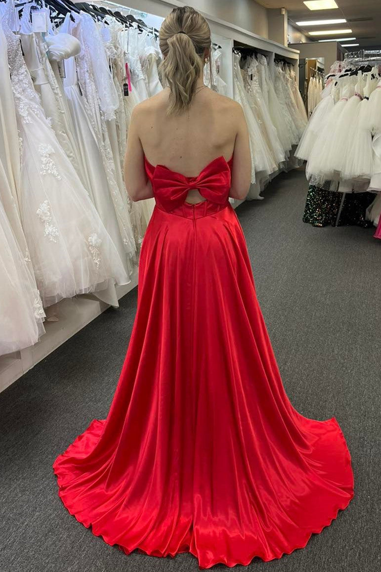 Plunging Neck Red Satin Slit Sleeveless Long Formal Dress with Bow=27dress