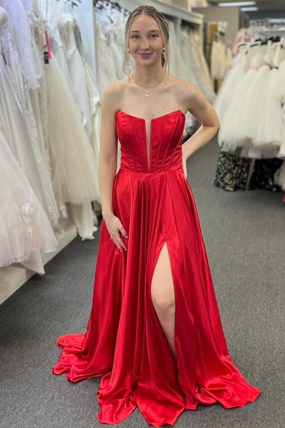 Plunging Neck Red Satin Slit Sleeveless Long Formal Dress with Bow-27dress