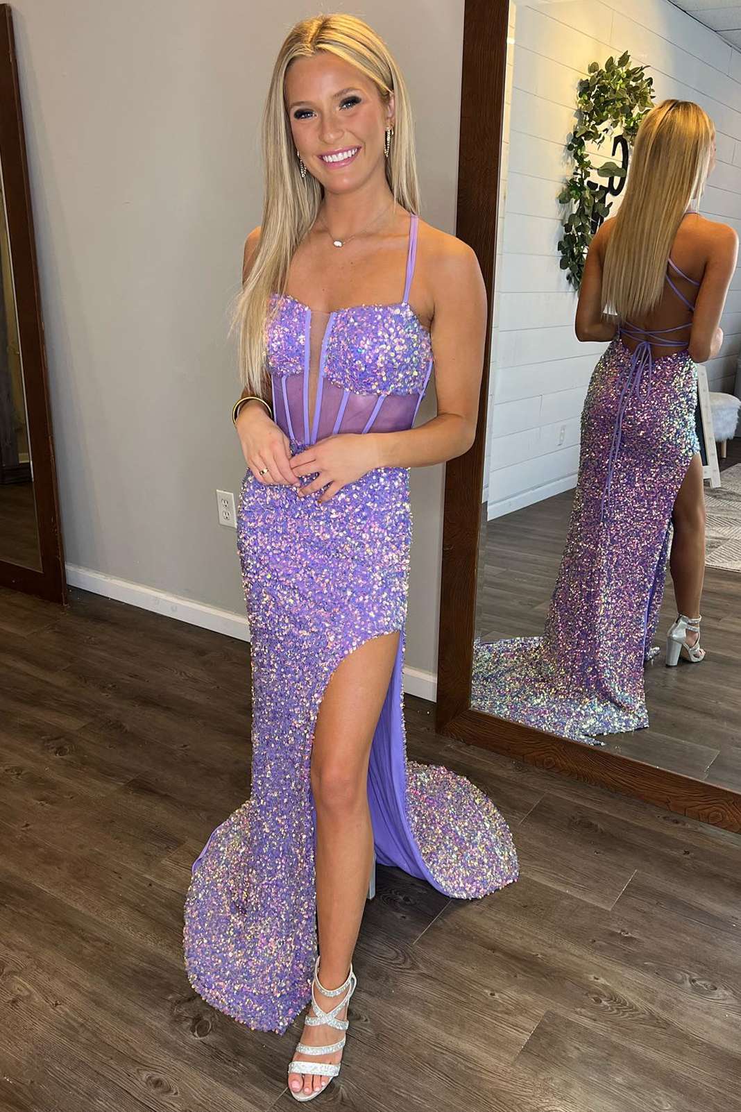 Plunging Neck Straps Lavender Sequin Prom Dress with Split-27dress