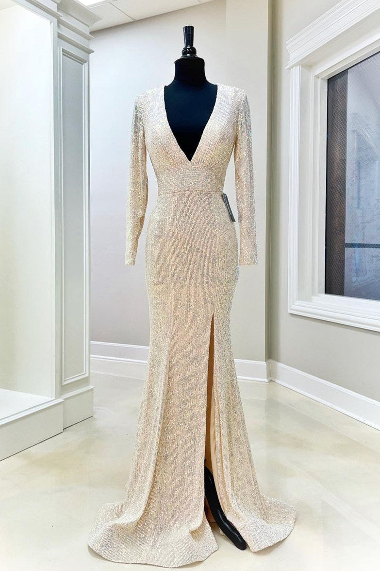 Plunging V-Neck Champagne Prom Dress with Long Sleeves-27dress