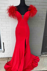 Plunging V-Neck Off the Shoulder Feathered Red Long Party Dress-27dress