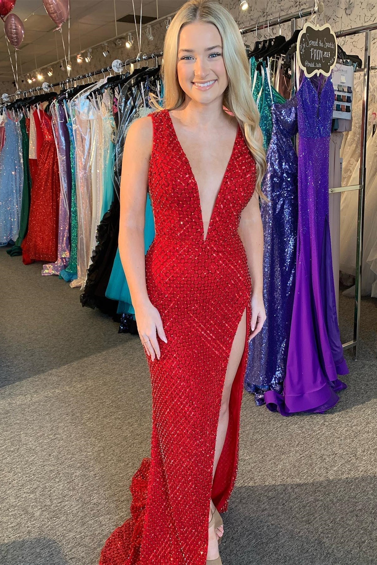 Plunging V-Neck Red Beaded Grid Mermaid Prom Dress with Slit-27dress