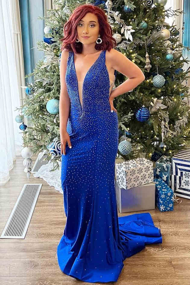 Plunging V-Neck Royal Blue Mermaid Prom Dress-27dress