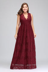 Plus Size A-Line V-Neck Burgundy Lace Bridesmaid Dress Online-27dress