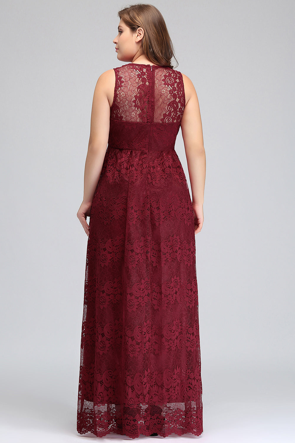 Plus Size A-Line V-Neck Burgundy Lace Bridesmaid Dress Online-27dress