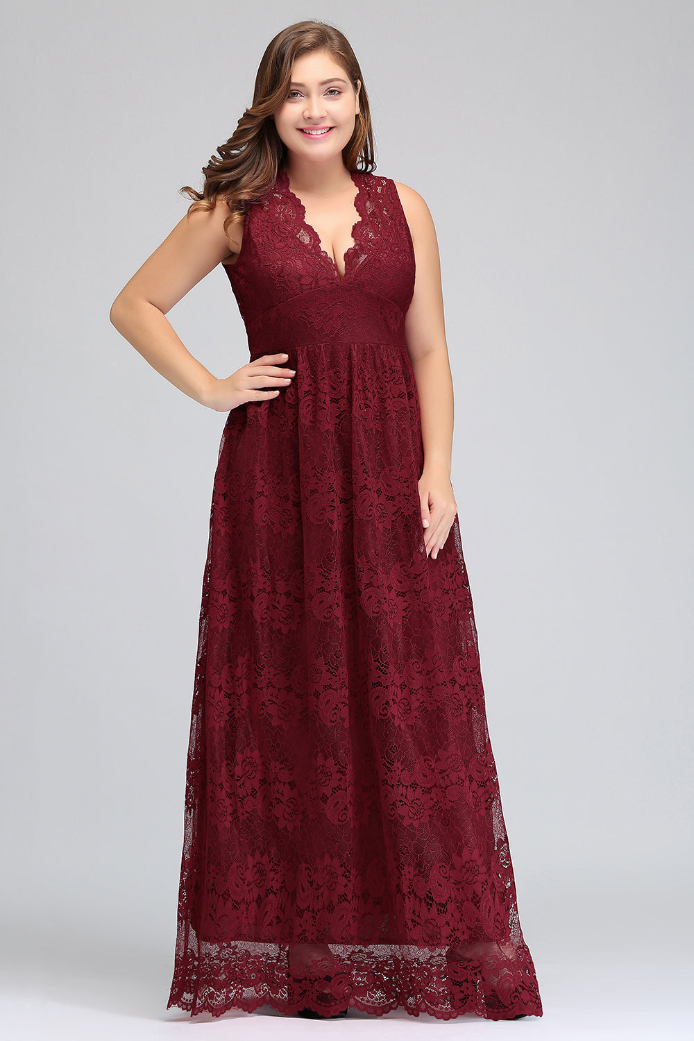 Plus Size A-Line V-Neck Burgundy Lace Bridesmaid Dress Online-27dress