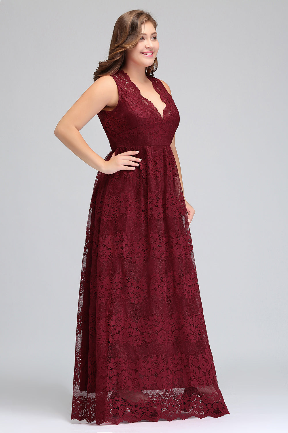 Plus Size A-Line V-Neck Burgundy Lace Bridesmaid Dress Online-27dress