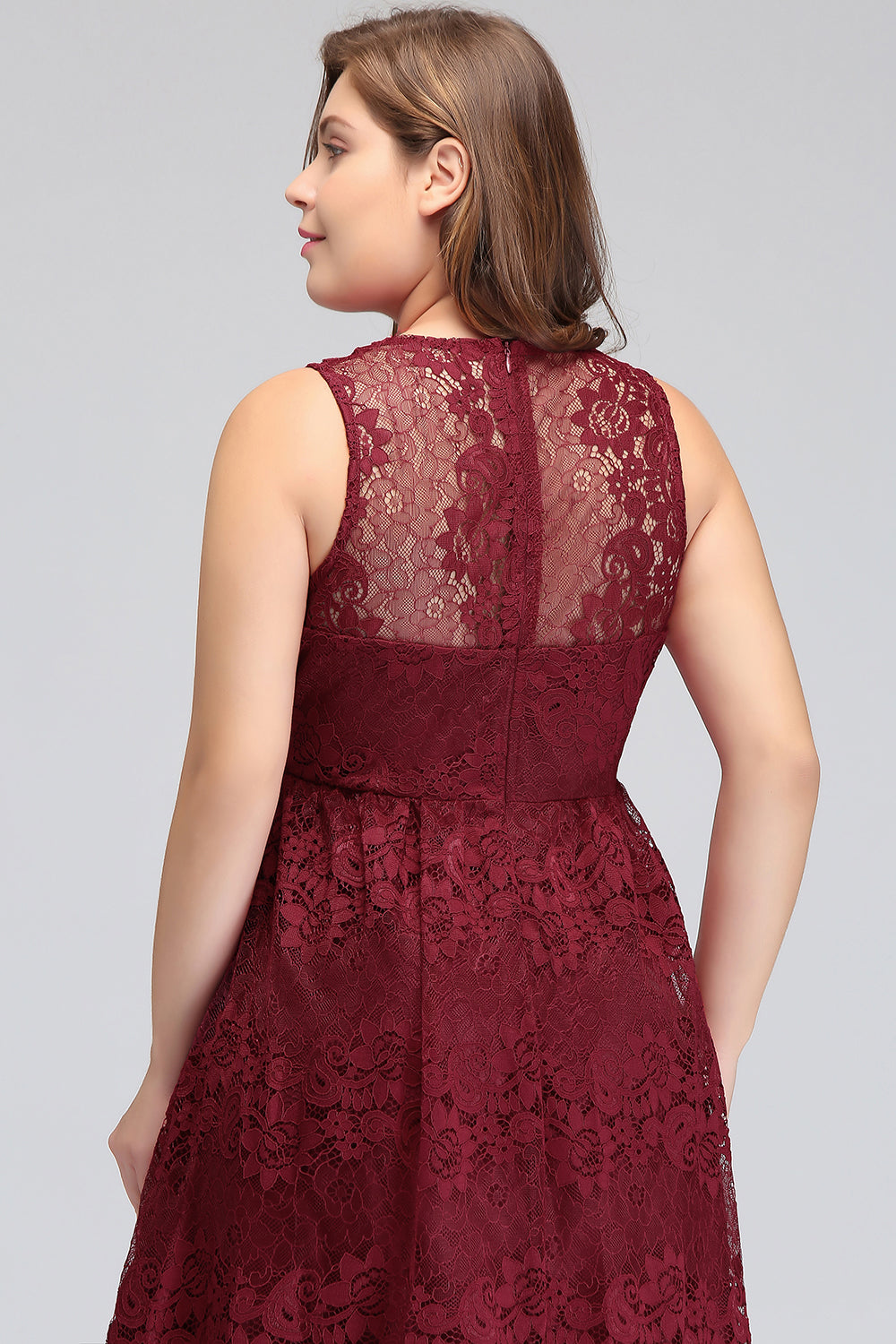 Plus Size A-Line V-Neck Burgundy Lace Bridesmaid Dress Online-27dress