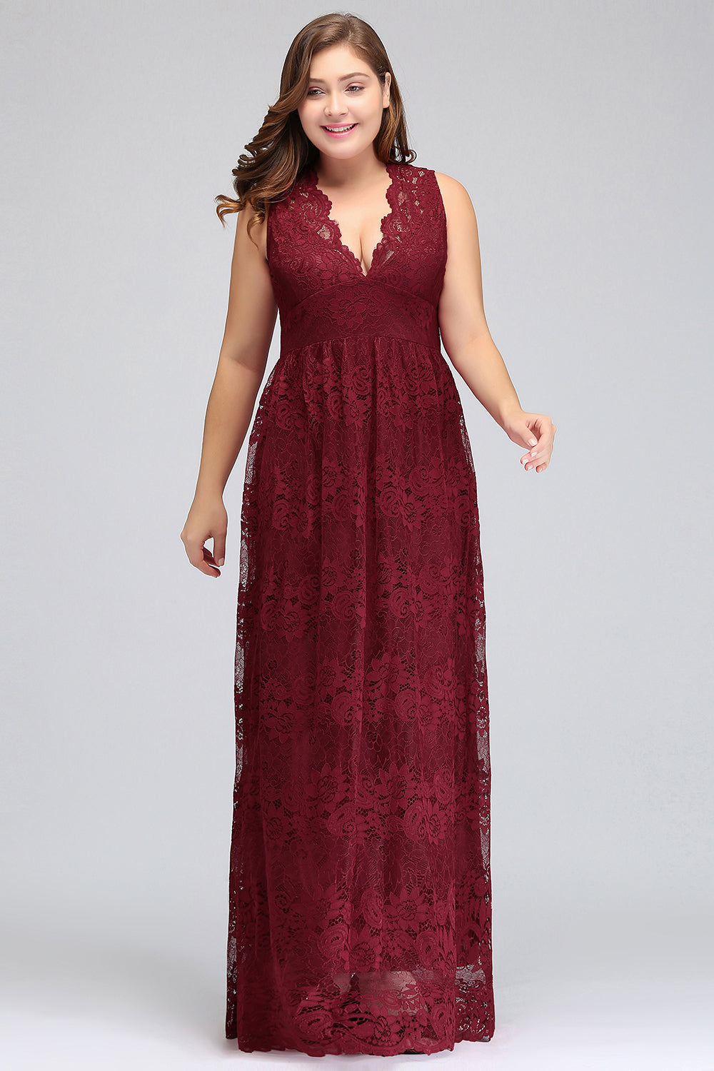 Plus Size A-Line V-Neck Burgundy Lace Bridesmaid Dress Online-27dress