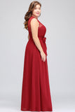 Plus Size Jewel Sleeveless Red Lace Long Bridesmaid Dress with Ruffle-27dress