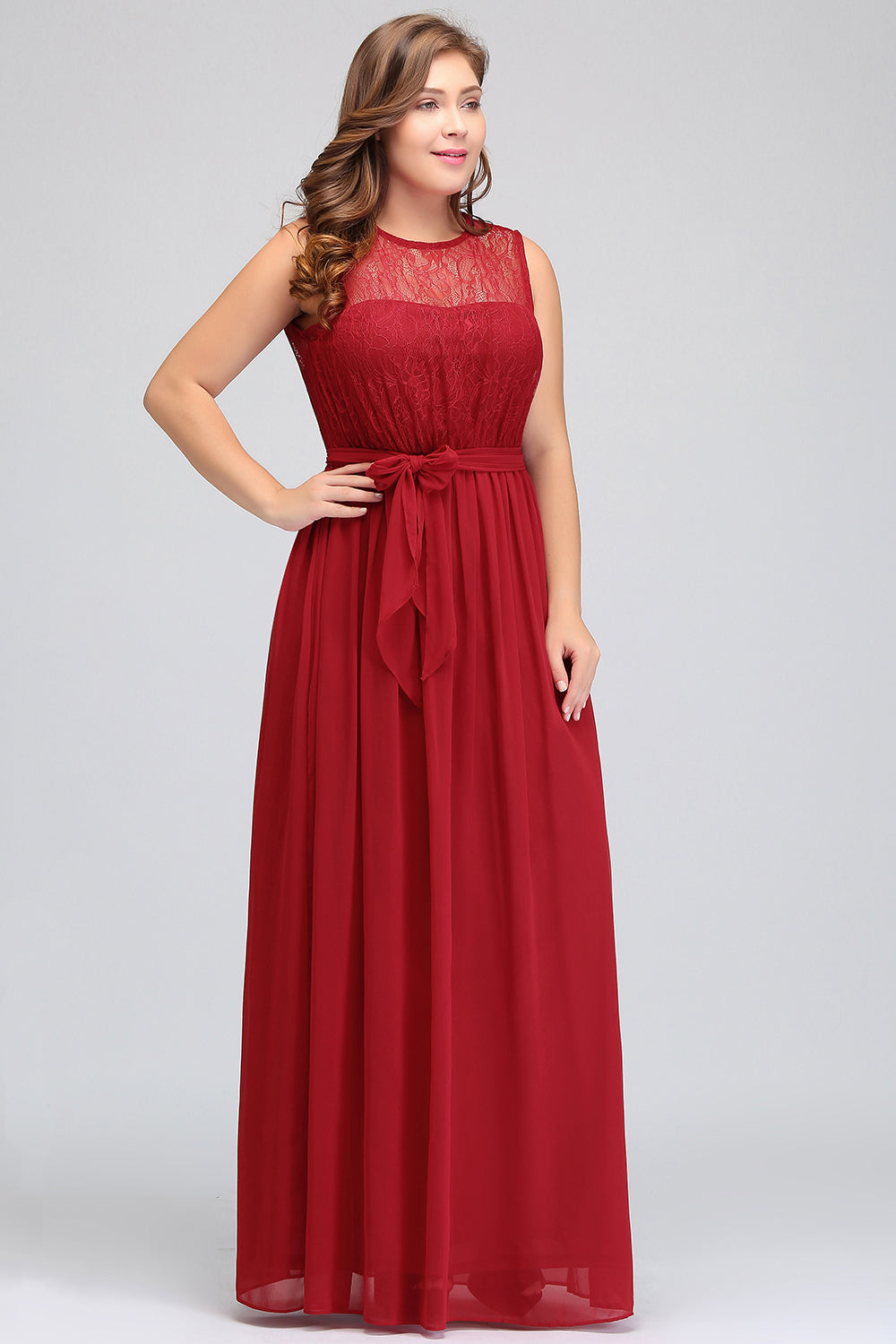 Plus Size Jewel Sleeveless Red Lace Long Bridesmaid Dress with Ruffle-27dress